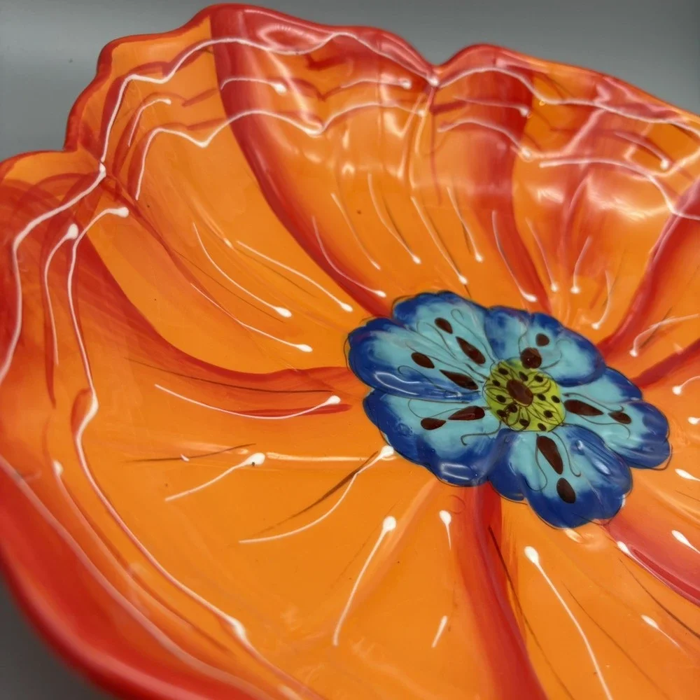 Laurie Gates Hand Painted Orange Flower Serving Plate Bowl Dish Dishwasher Safe